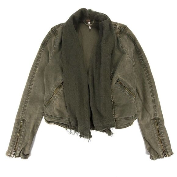 FREE PEOPLE Cropped Denim Jacket with French Terry Shawl Collar Military Green 2 - Picture 1 of 7